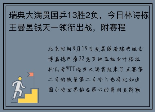 瑞典大满贯国乒13胜2负，今日林诗栋王曼昱钱天一领衔出战，附赛程